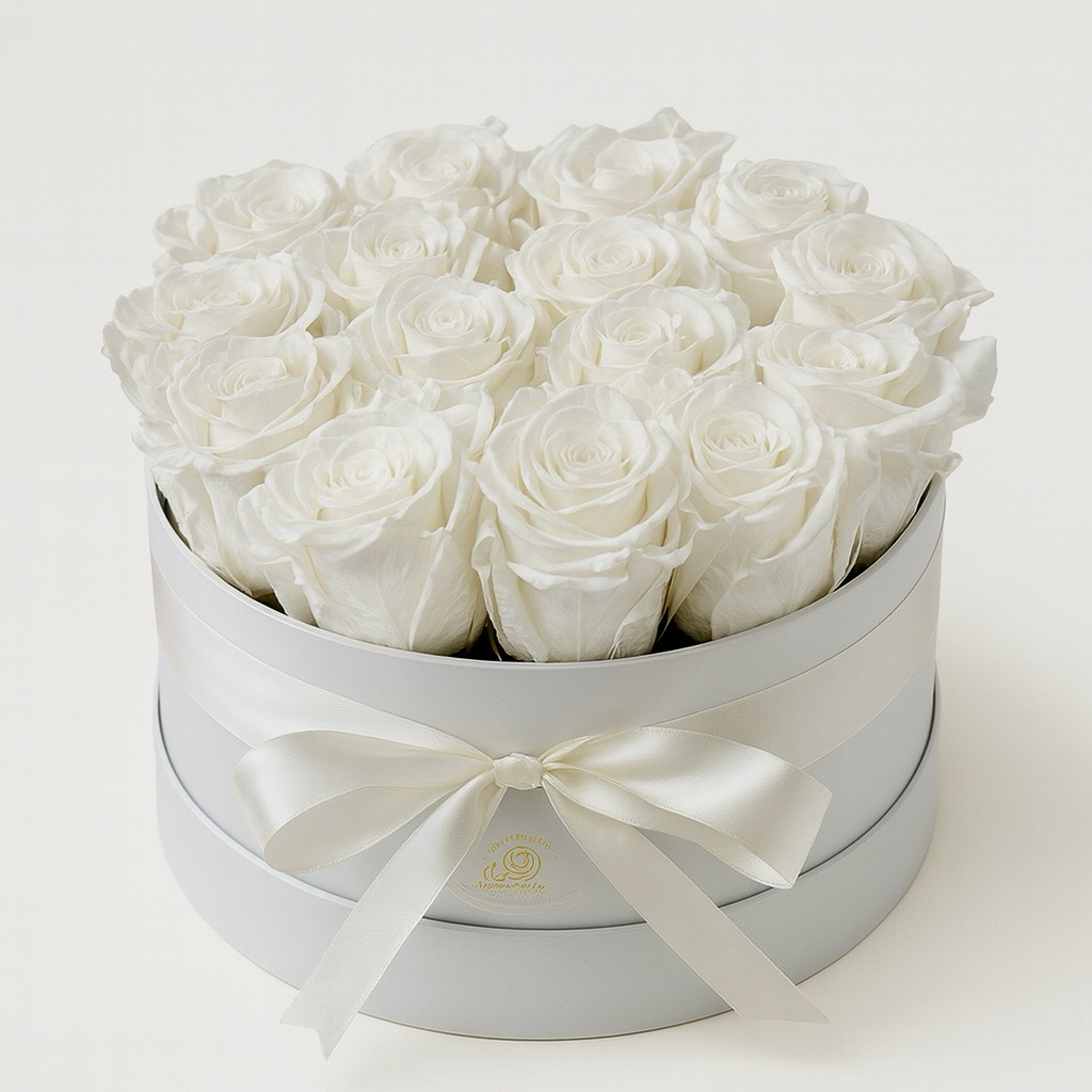Flowerbox Amore Alba – met gestabiliseerde witte rozen – productfoto