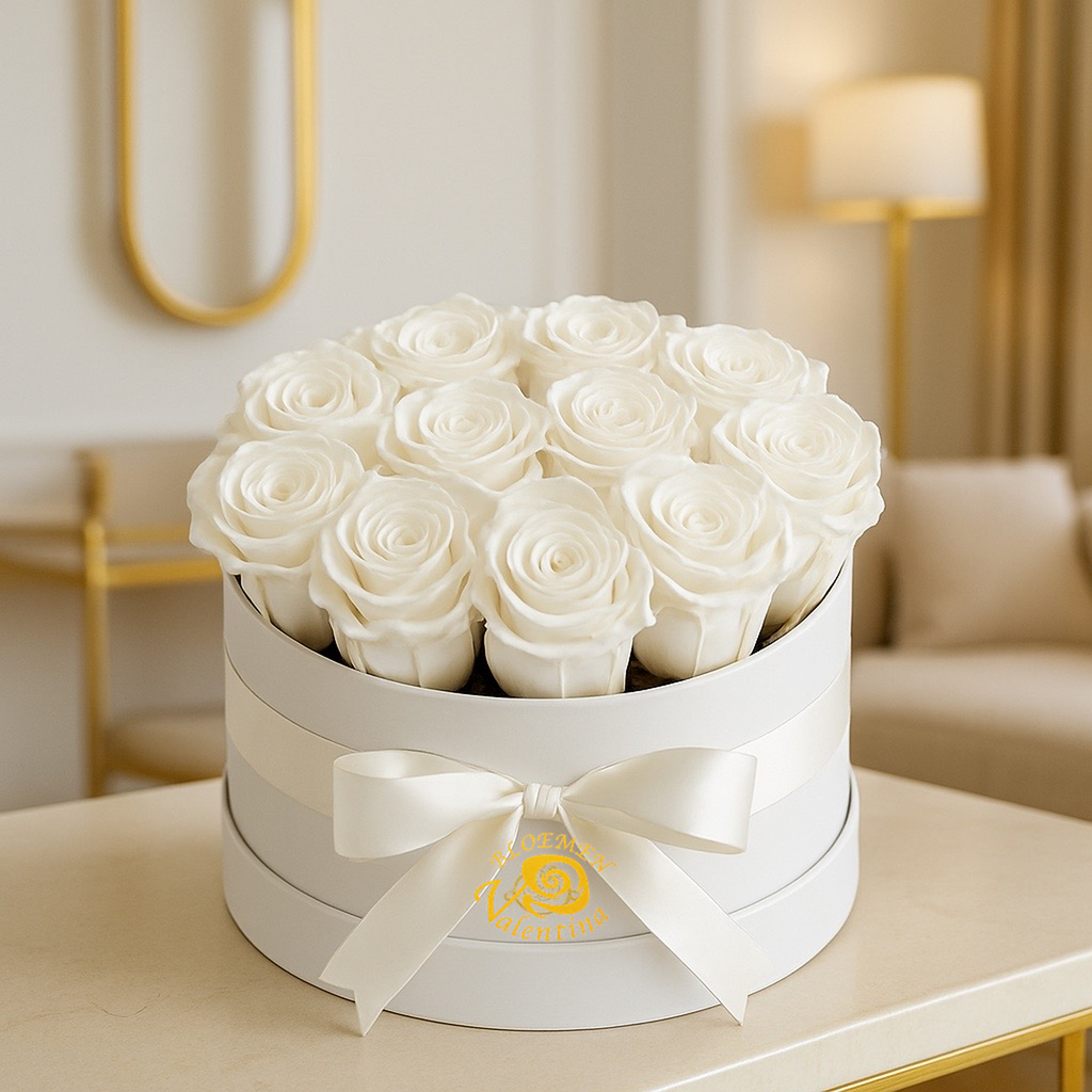 Flowerbox Amore Alba – met gestabiliseerde witte rozen – in interieur