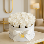 Flowerbox Amore Alba – met gestabiliseerde witte rozen – in interieur