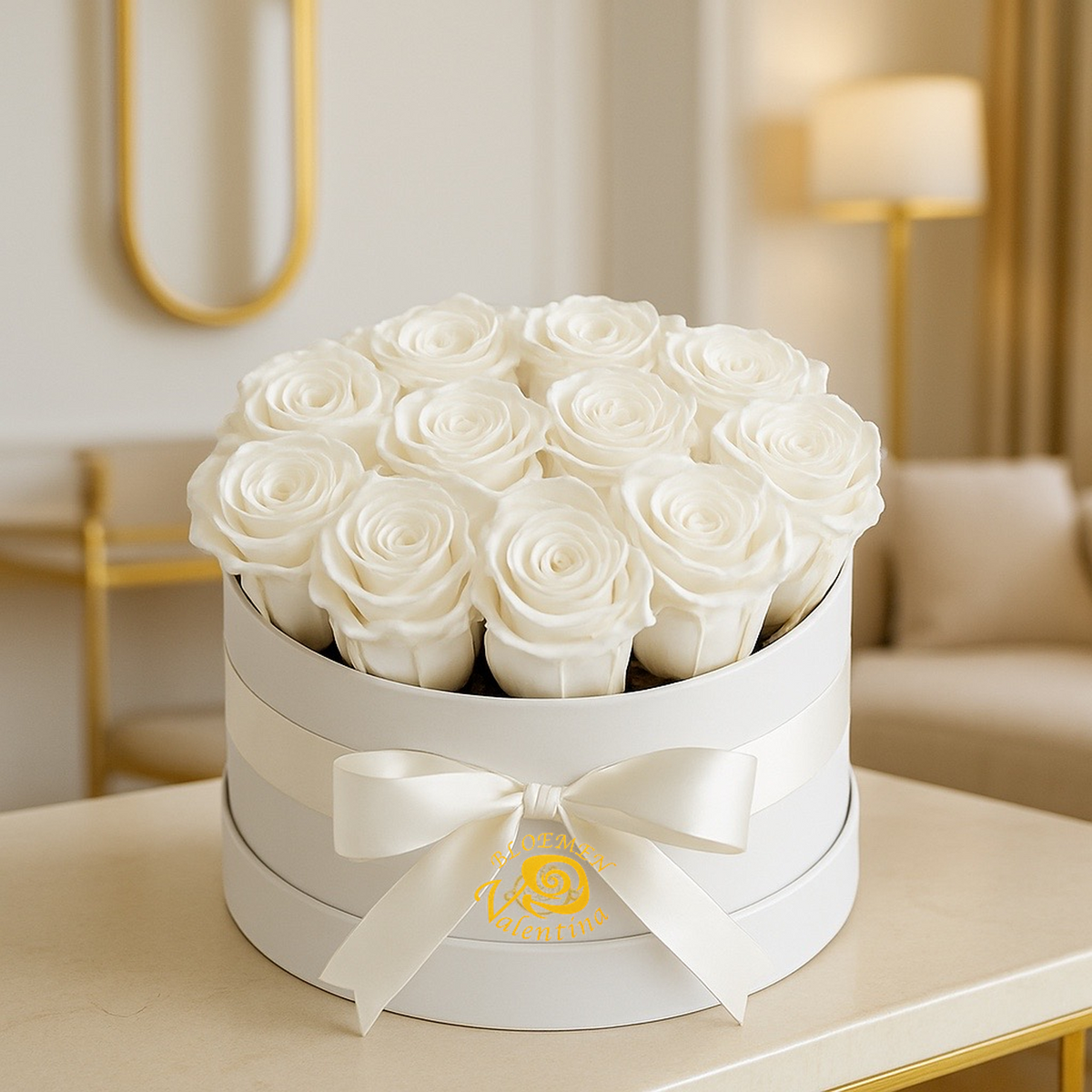 Flowerbox Amore Alba – met gestabiliseerde witte rozen – in interieur