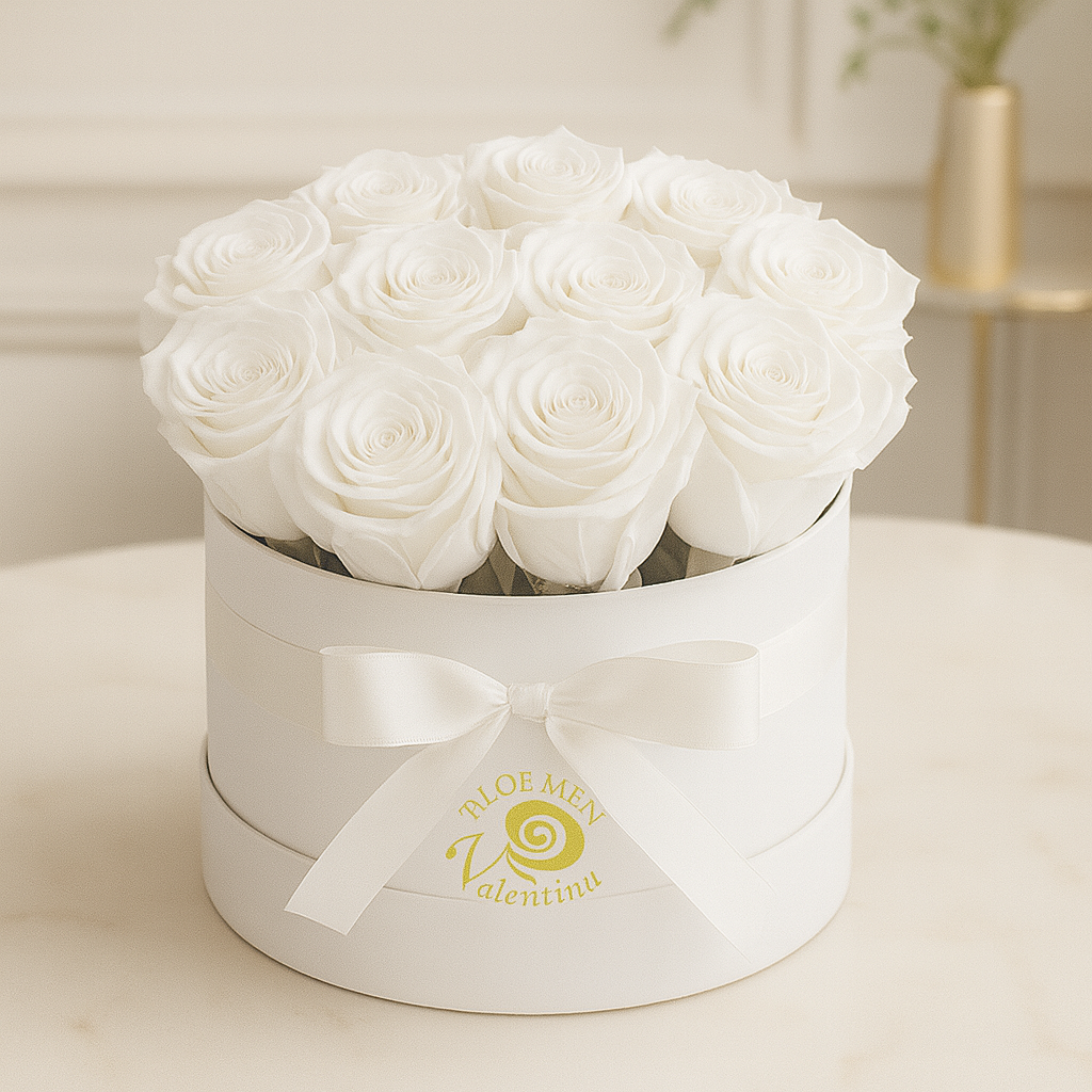 Flowerbox Amore Alba – met gestabiliseerde witte rozen – in interieur