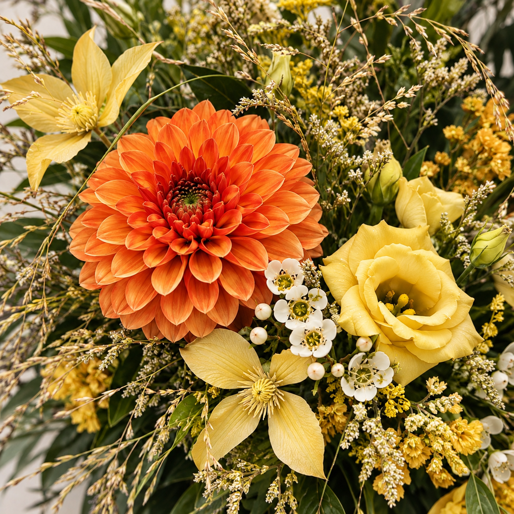 Urnbloemstuk Bloeiende Weide — oranje-geel-detail — kleurvisualisatie