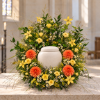 Urnbloemstuk Bloeiende Weide — oranje-geel-kerk — kleurvisualisatie