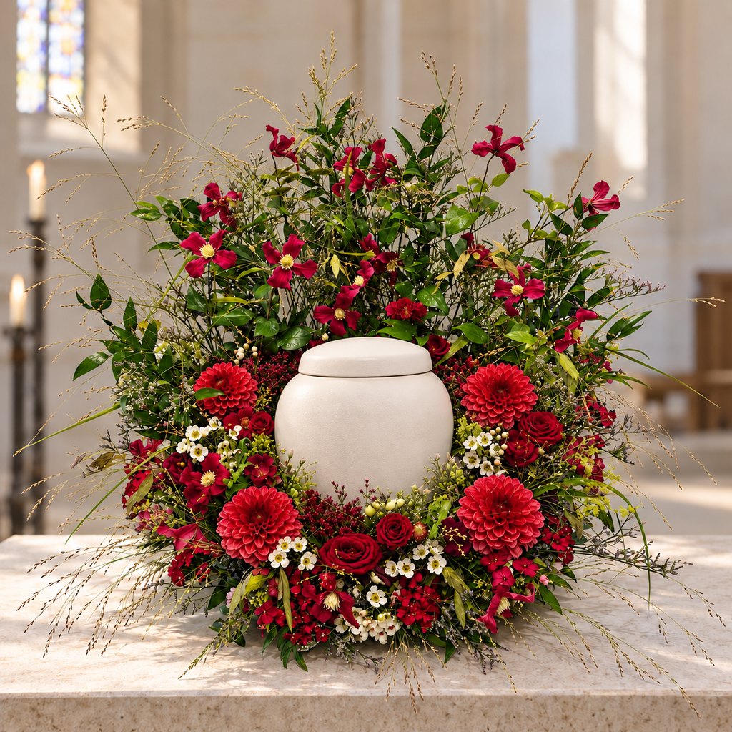 Urnbloemstuk Bloeiende Weide — rood-kerk — kleurvisualisatie