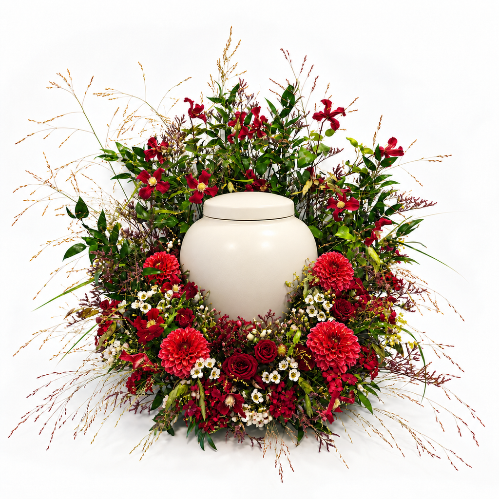 Urnbloemstuk Bloeiende Weide — rood-urn — kleurvisualisatie