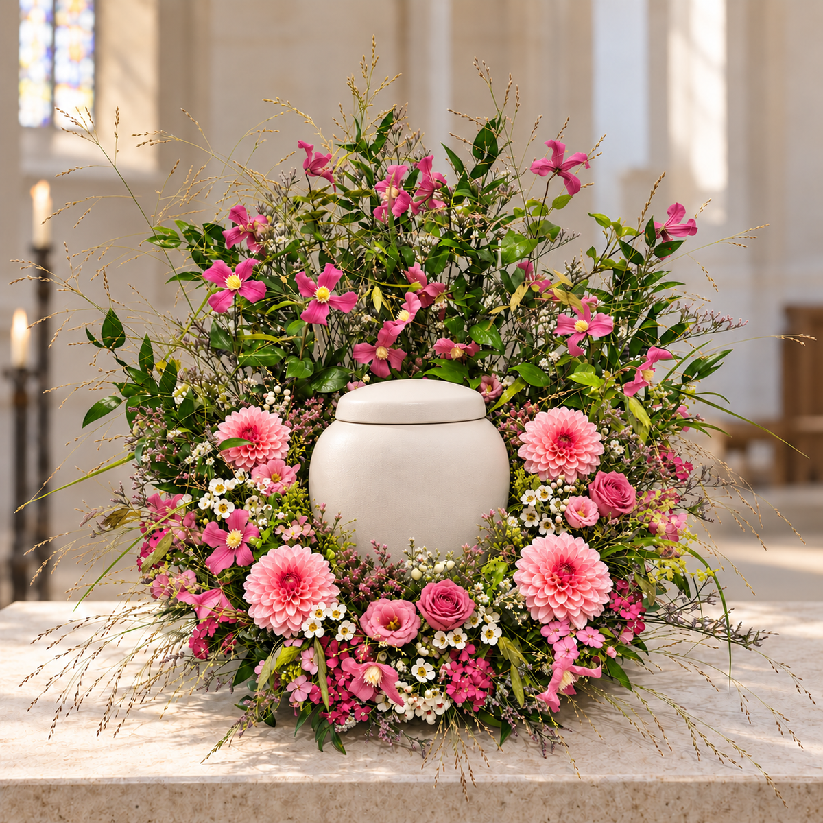 Urnbloemstuk Bloeiende Weide — roze-kerk — kleurvisualisatie