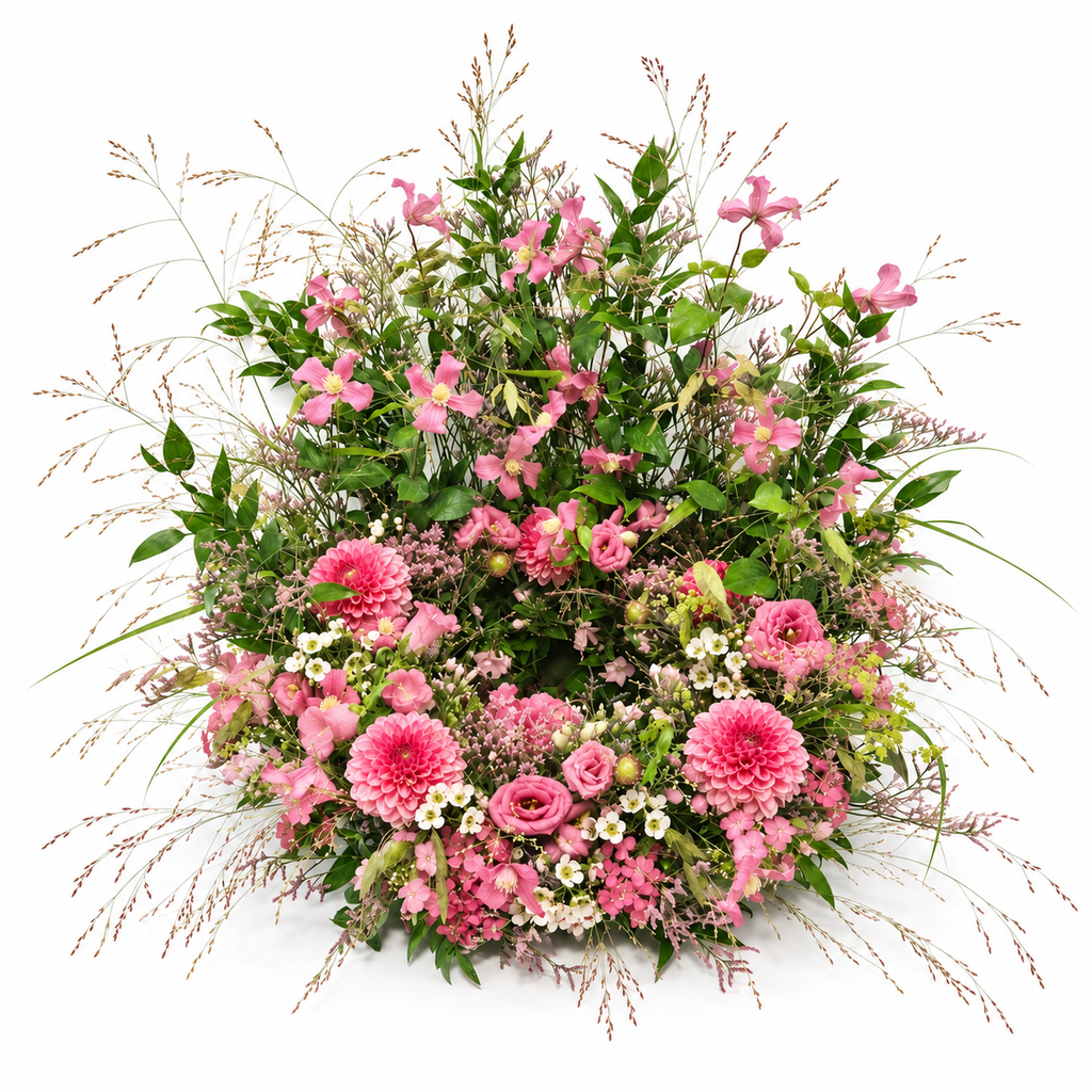 Urnbloemstuk Bloeiende Weide — roze-main — kleurvisualisatie