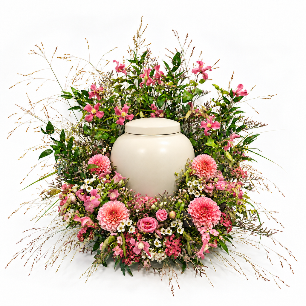Urnbloemstuk Bloeiende Weide — roze-urn — kleurvisualisatie