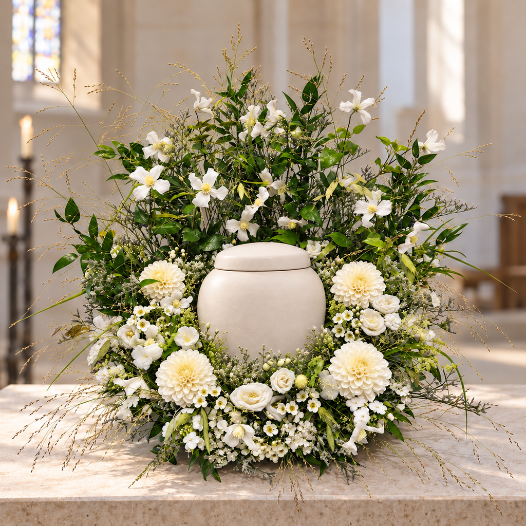 Urnbloemstuk Bloeiende Weide — wit-kerk — kleurvisualisatie