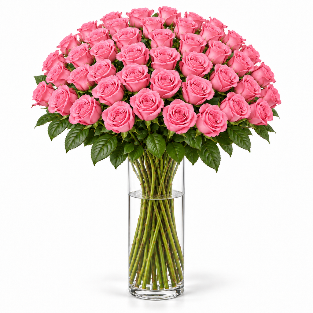 Bos verse roze rozen - 50 rozen, steellengte 70 cm