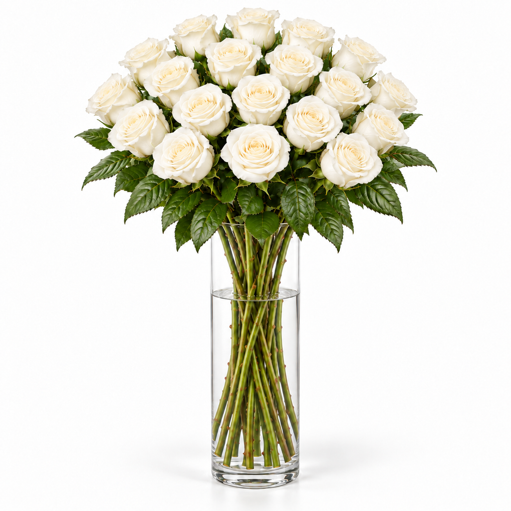Bos verse witte rozen - 20 rozen, steellengte 70 cm