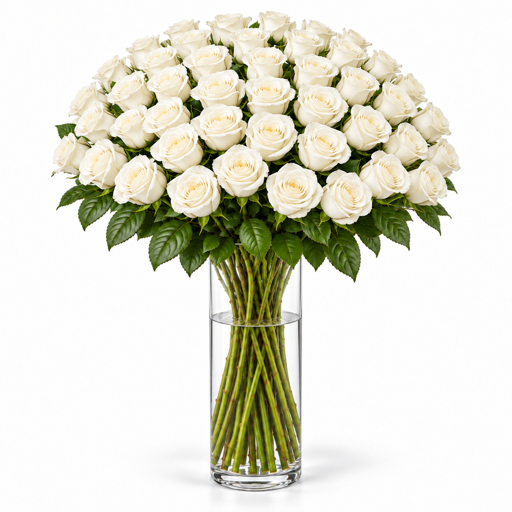 Bos verse witte rozen - 50 rozen, steellengte 70 cm