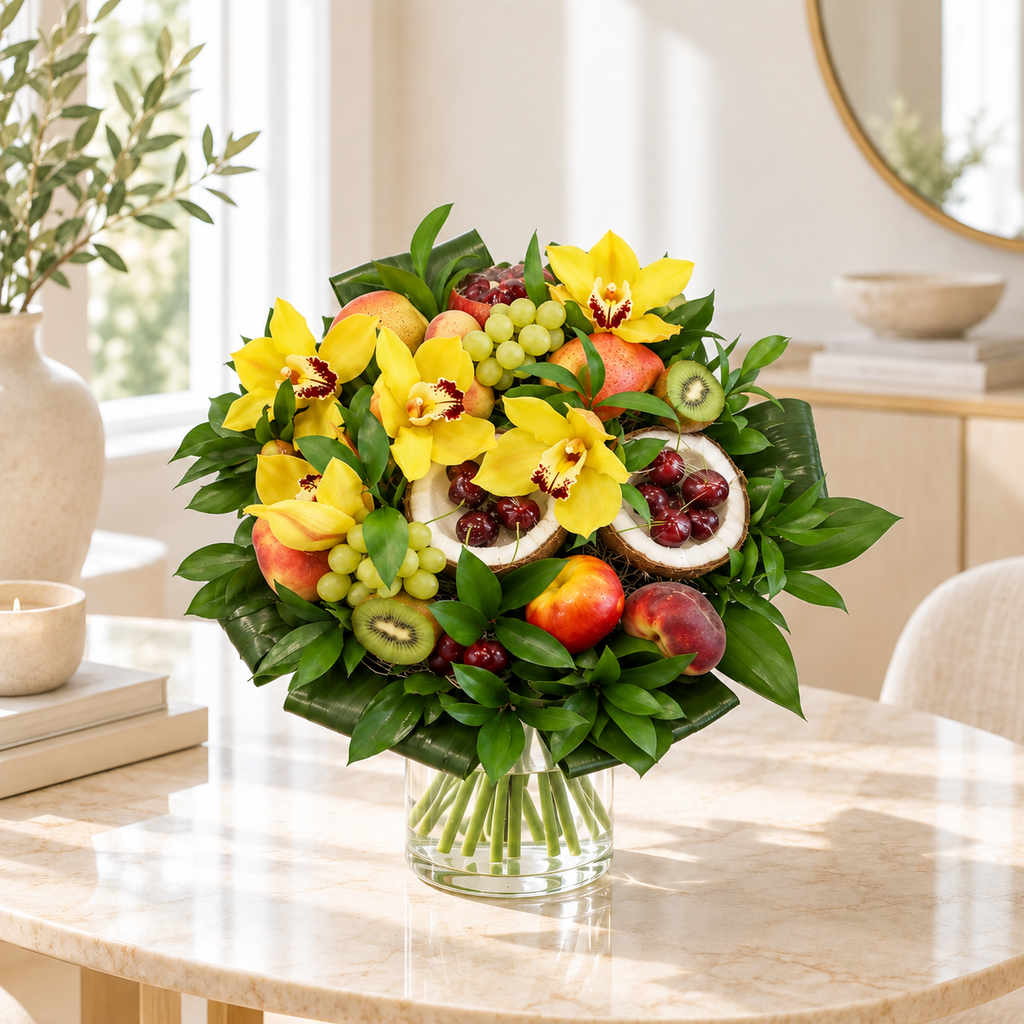 Camille luxe fruitboeket met gele orchideeën en vers fruit