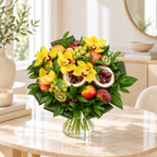 Camille luxe fruitboeket met gele orchideeën en vers fruit