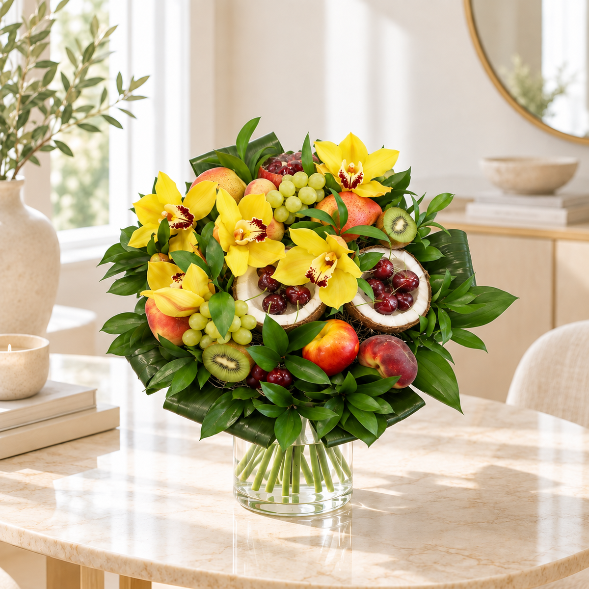 Camille luxe fruitboeket met gele orchideeën en vers fruit