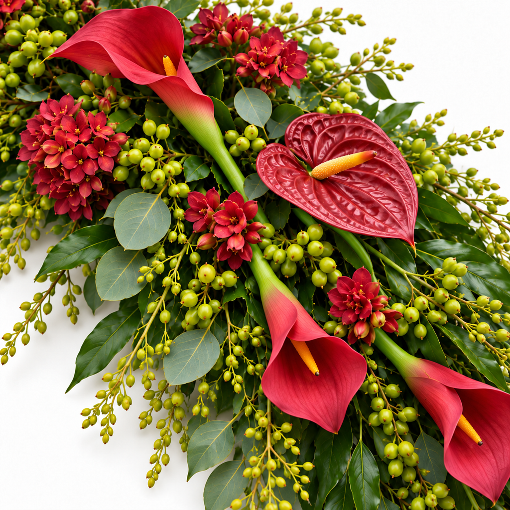 Rode kistbedekking met natuurlijke groene stelen — detail