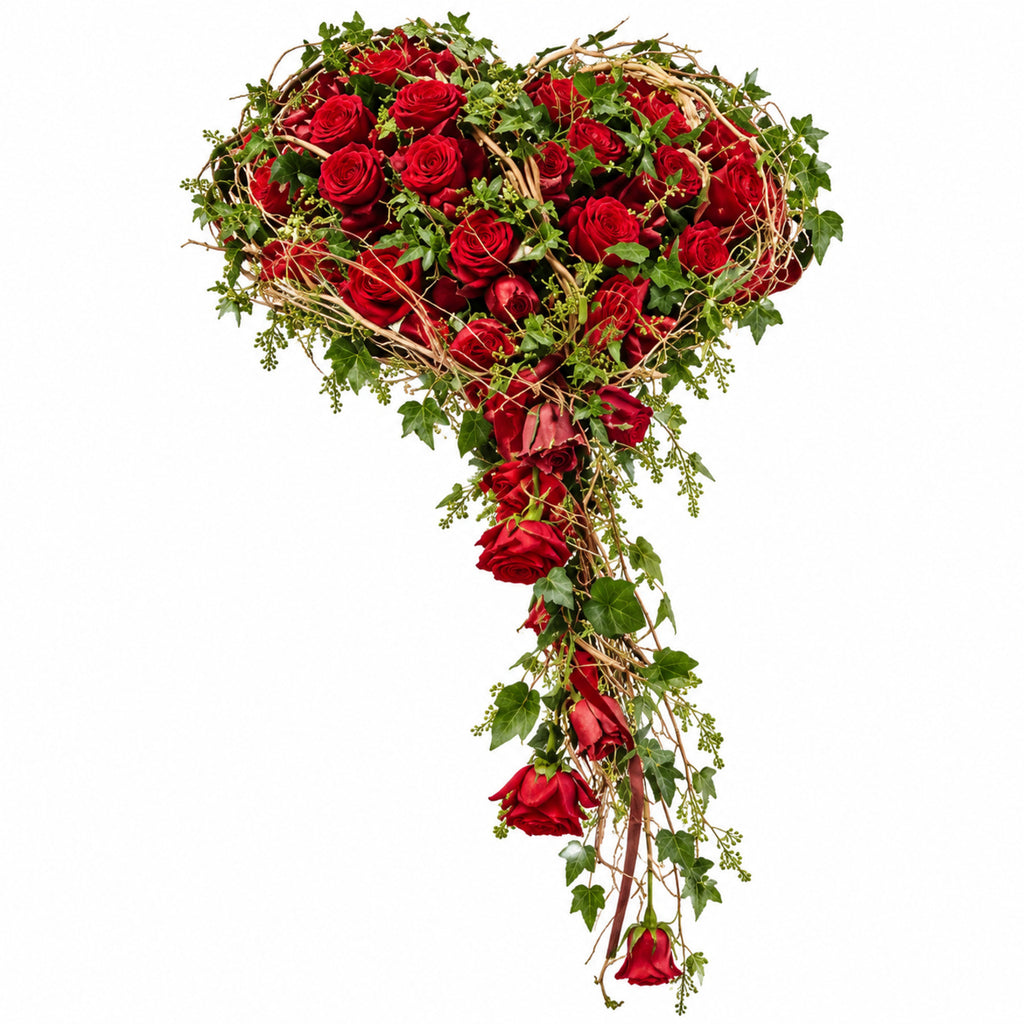 Rouwhart met rode rozen, klimop en afhangende bloemen op witte achtergrond