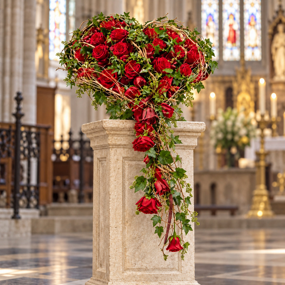 Visualisatie van het rode rouwhart op een sokkel in een kerk