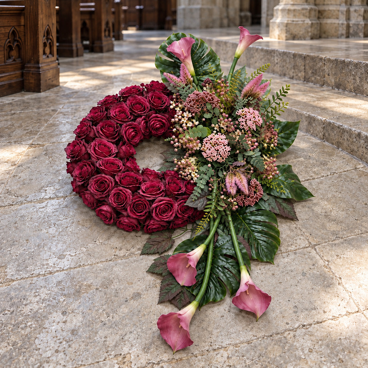 Rouwkrans in een kerkinterieur, plaatsingsvisualisatie
