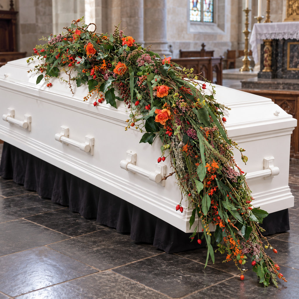 Herfstgroet kistbekleding oranje — plaatsingsvisualisatie