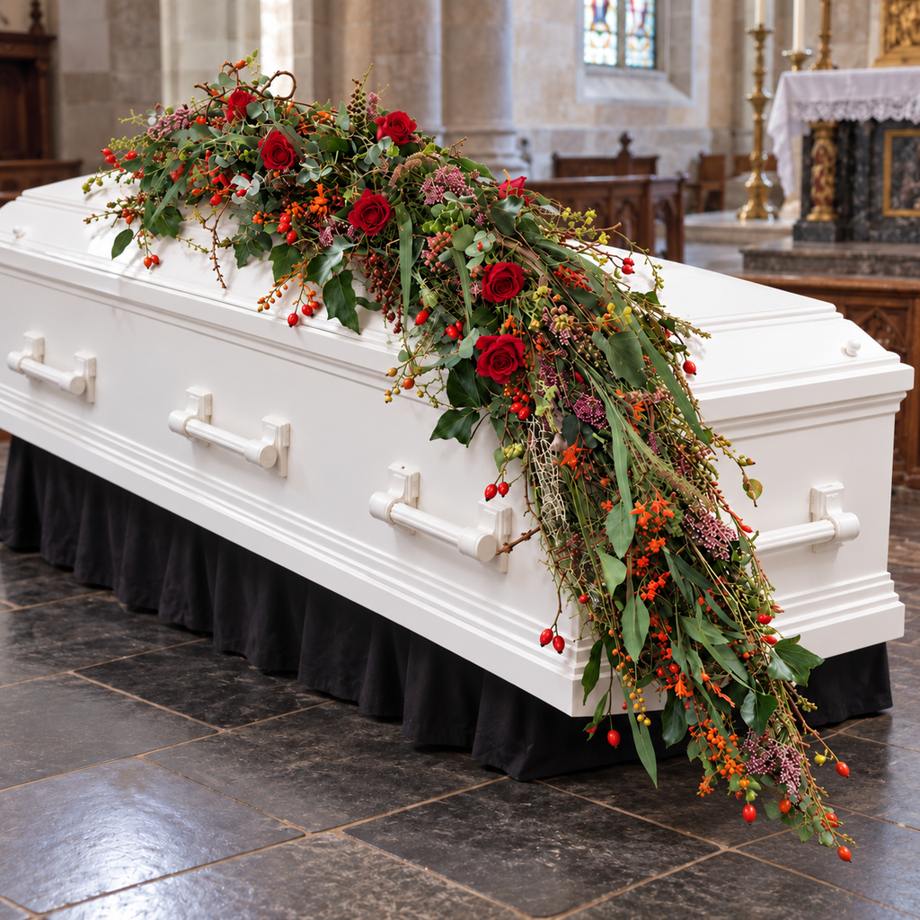 Herfstgroet kistbekleding rood — plaatsingsvisualisatie