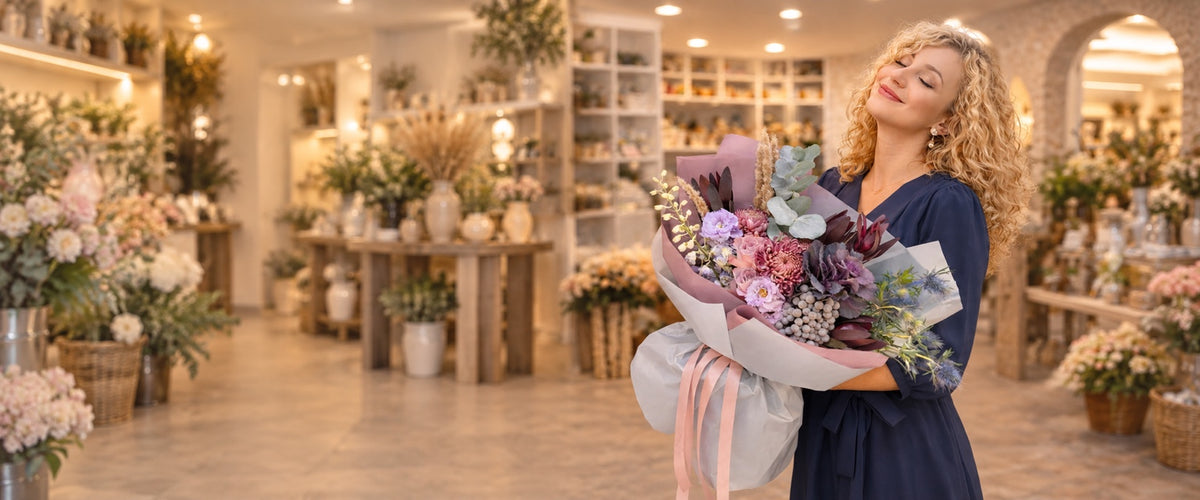 Inspiratiebeeld voor Jouw droomboeket: een vrouw met een boeket in een warme bloemenwinkel.