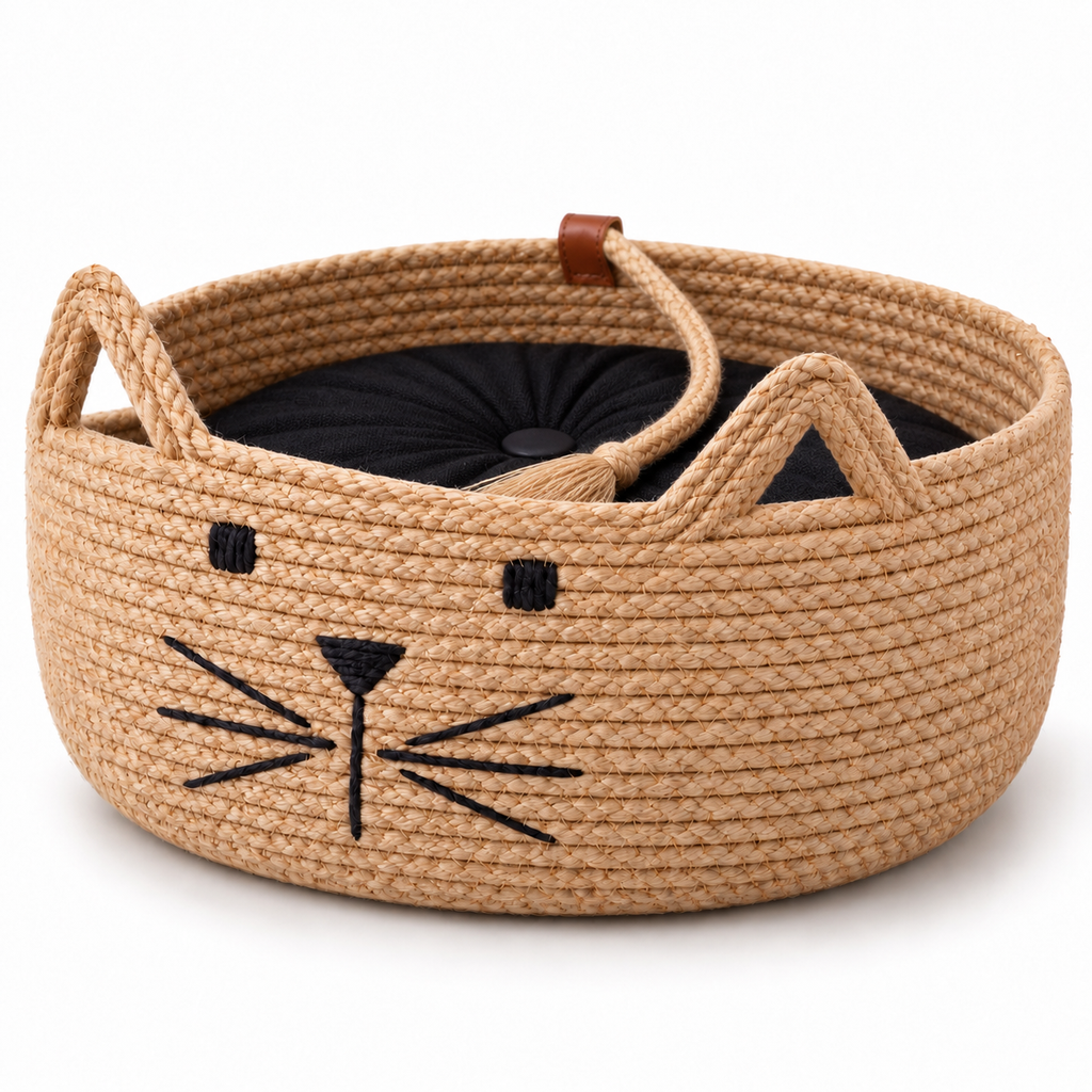 Kattenmand met zwart kussen, leren label en koordstaart