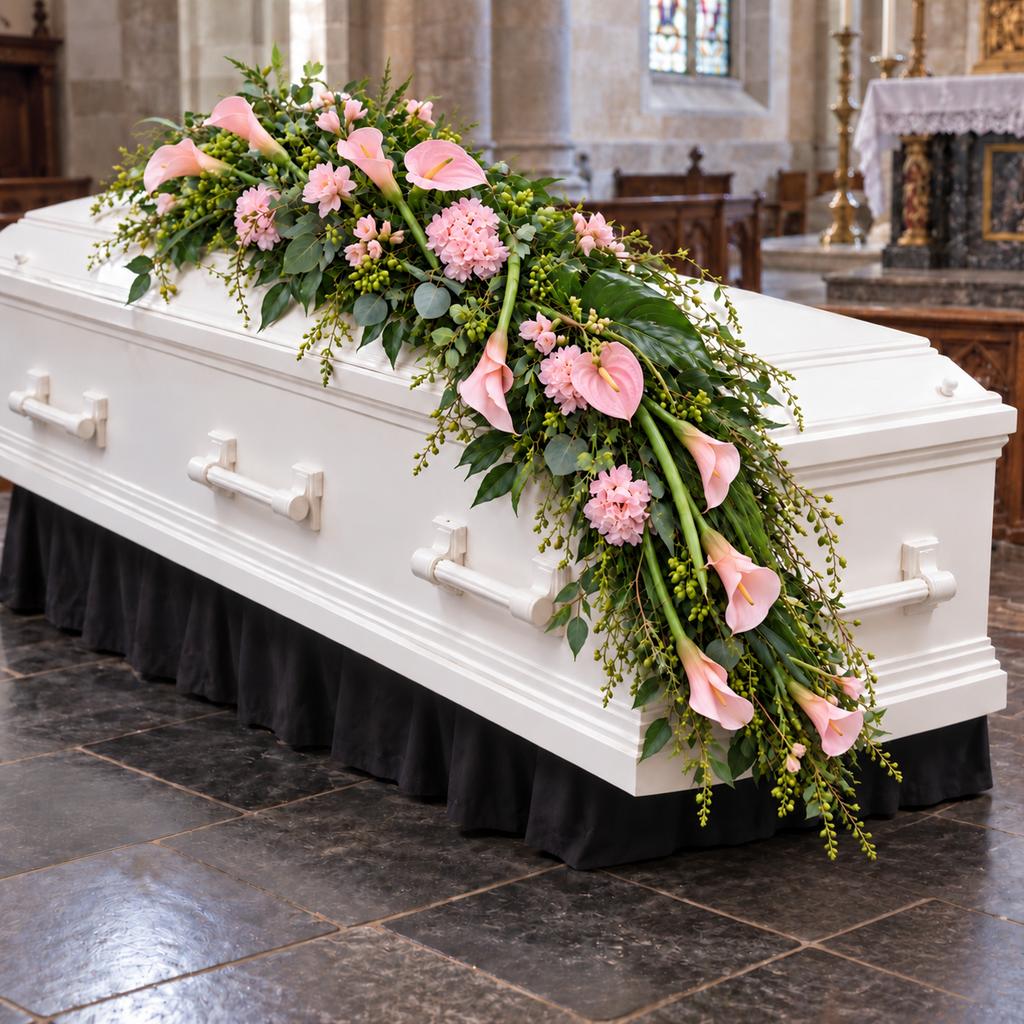 Kistbedekking roze — plaatsingsvisualisatie op een gesloten kist
