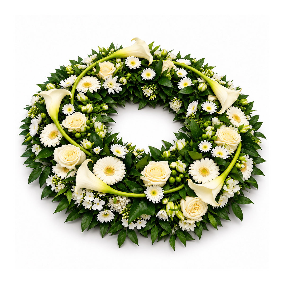 Witte rouwkrans met sierlijk gebogen calla’s en groen