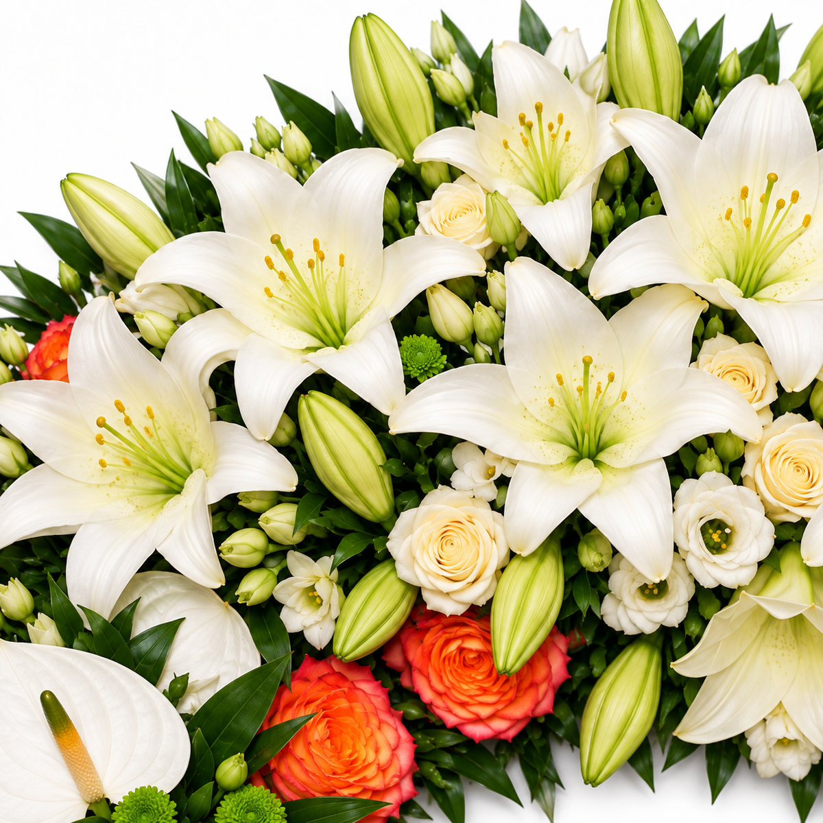Detail van witte lelies en rozen