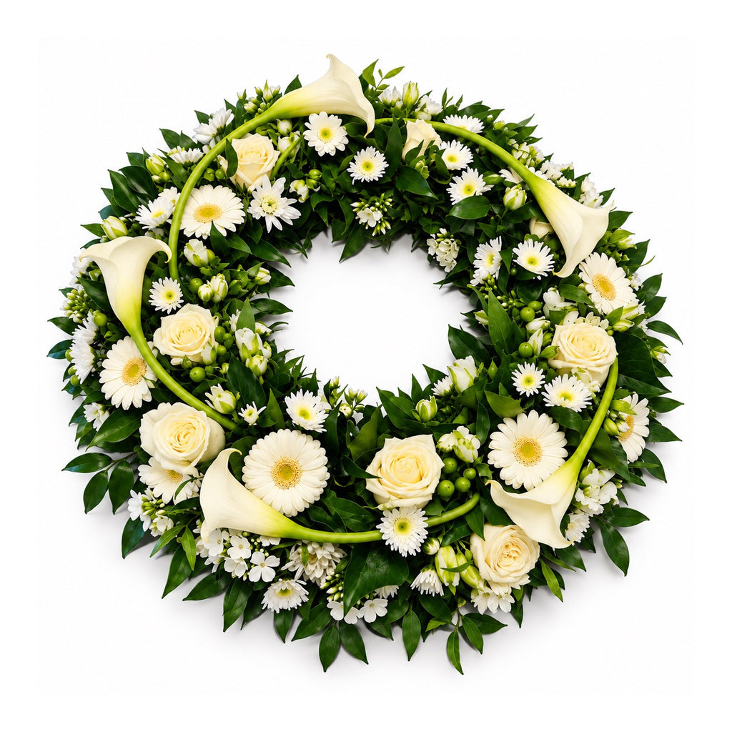 Witte rouwkrans met sierlijk gebogen calla’s en groen