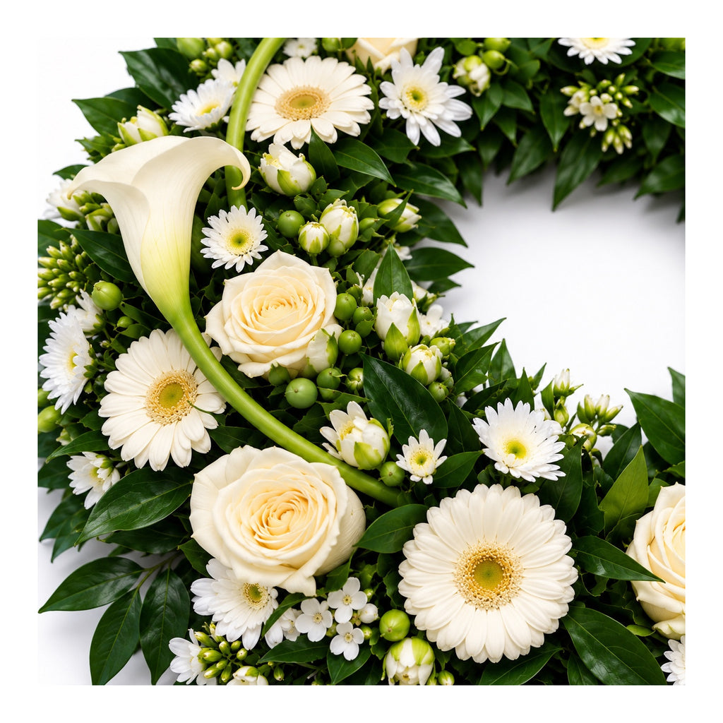 Detail van witte bloemen en groen in de rouwkrans