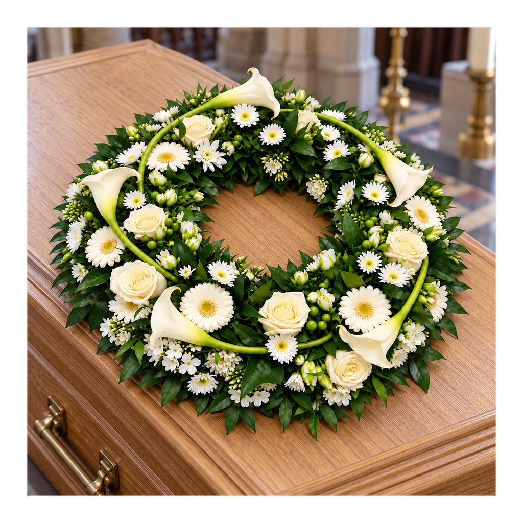 Plaatsingsvisualisatie van de witte rouwkrans op een gesloten kist