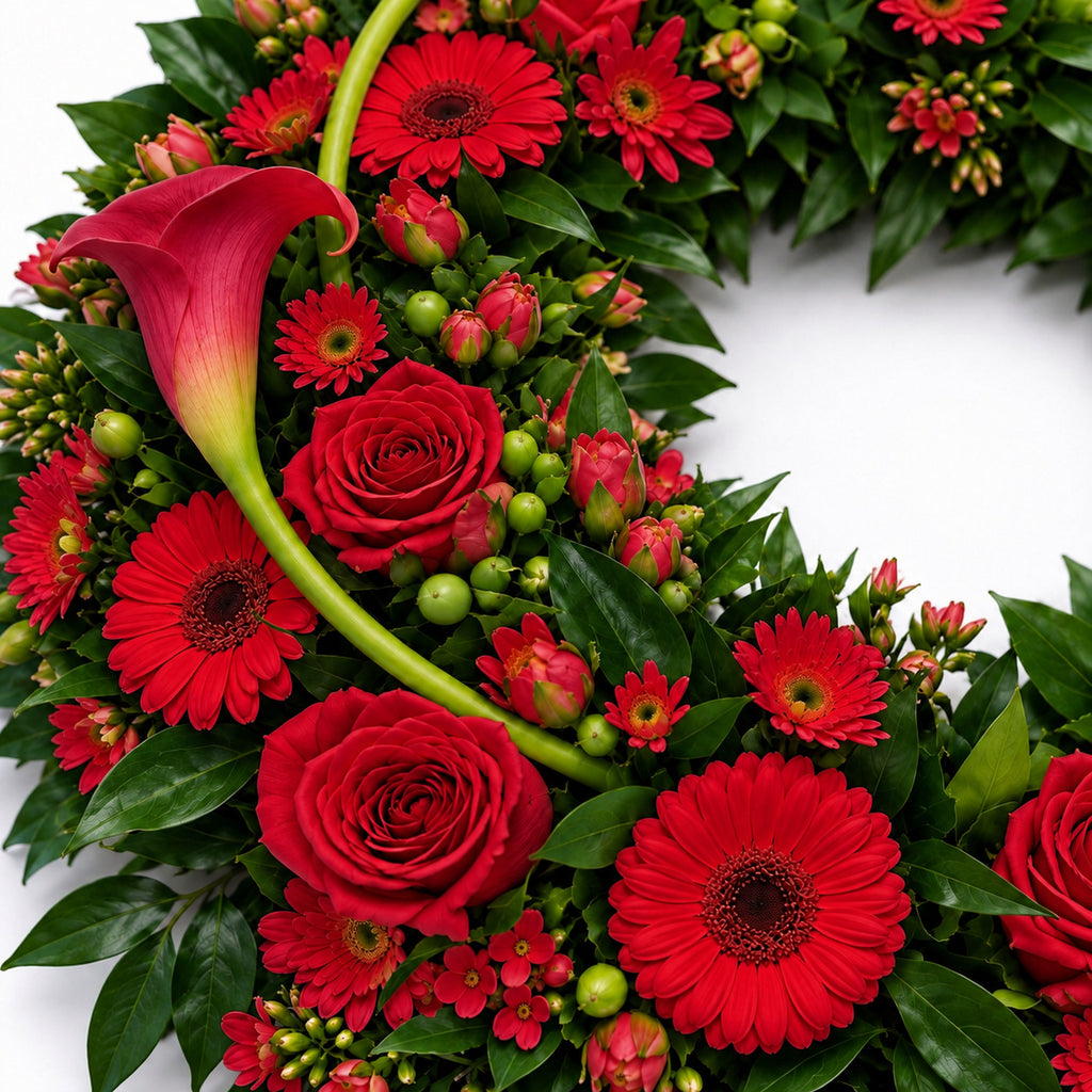 Detail van rode rozen, calla’s en gerbera’s in de rouwkrans