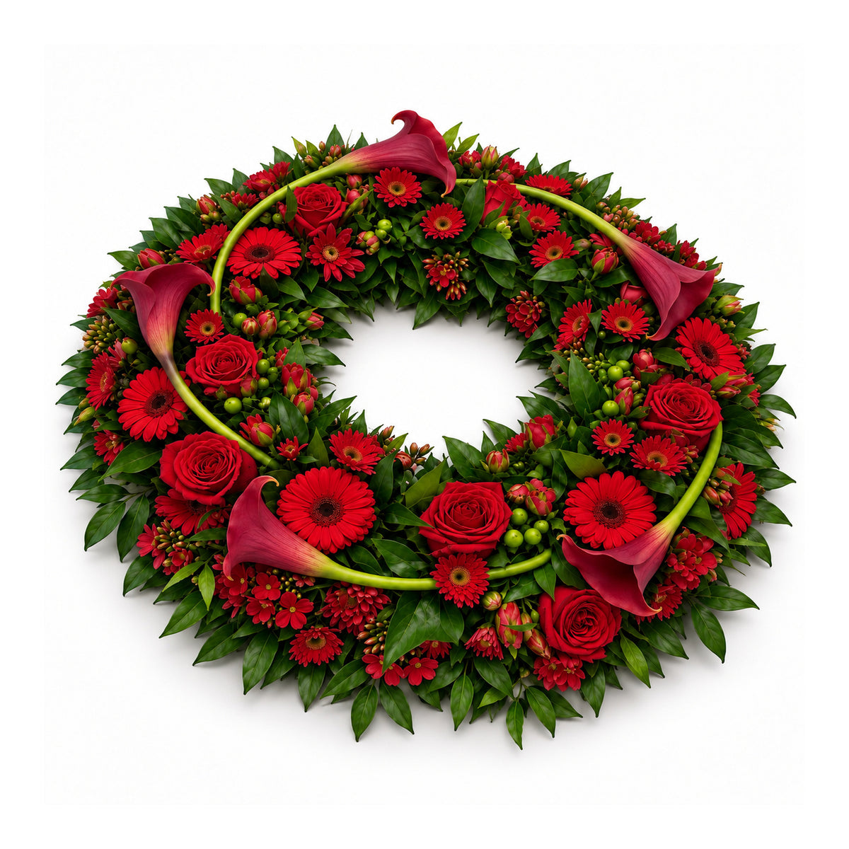 Rode rouwkrans met rozen, calla’s, gerbera’s en groen