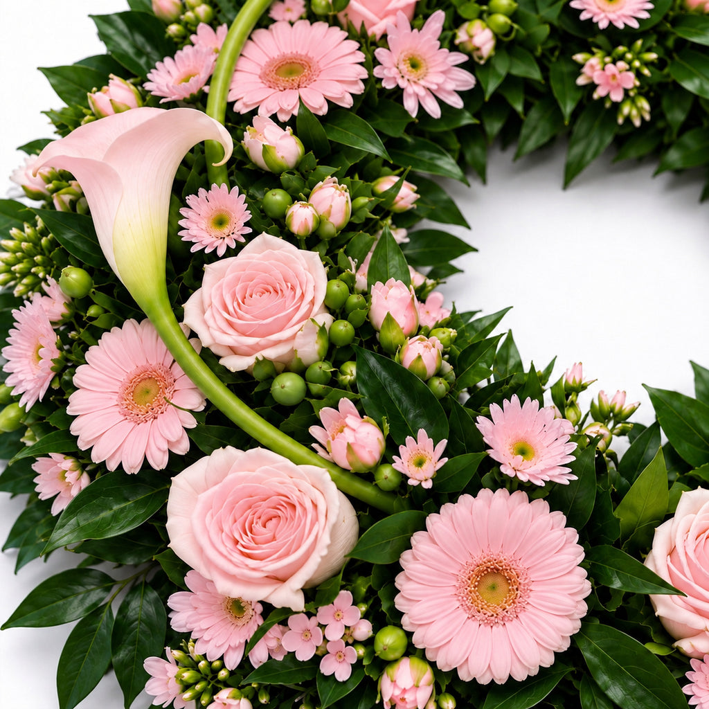 Detail van zachtroze rozen, calla’s en gerbera’s in de rouwkrans