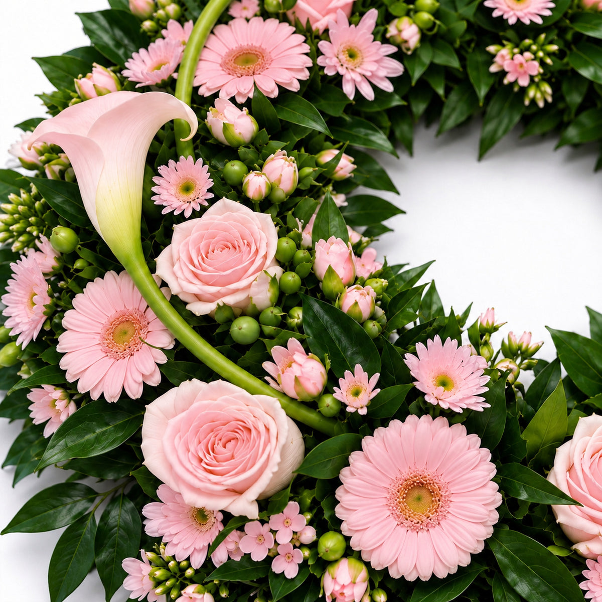 Detail van zachtroze rozen, calla’s en gerbera’s in de rouwkrans