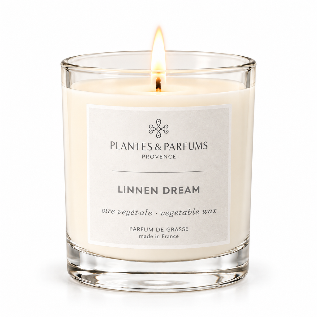 Linnen Dream geurkaars 180 g van Plantes & Parfums op witte achtergrond