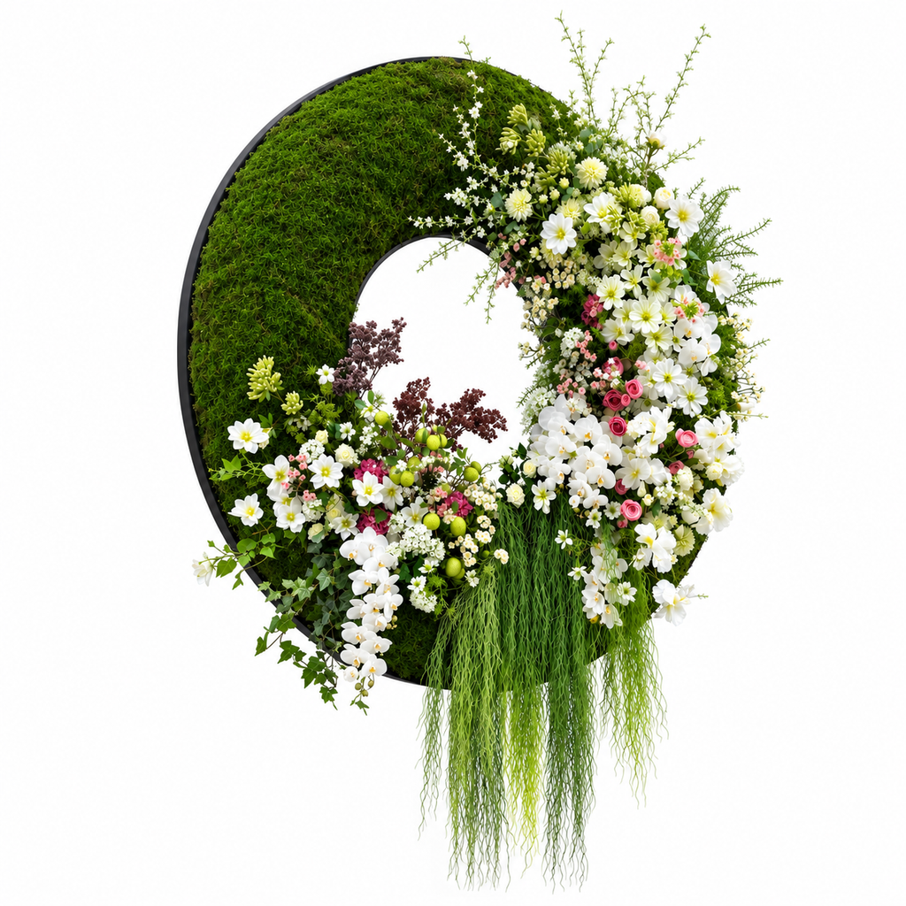 Grote moskrans met witte bloemen, roze rozen en afhangend groen — zijaanzicht