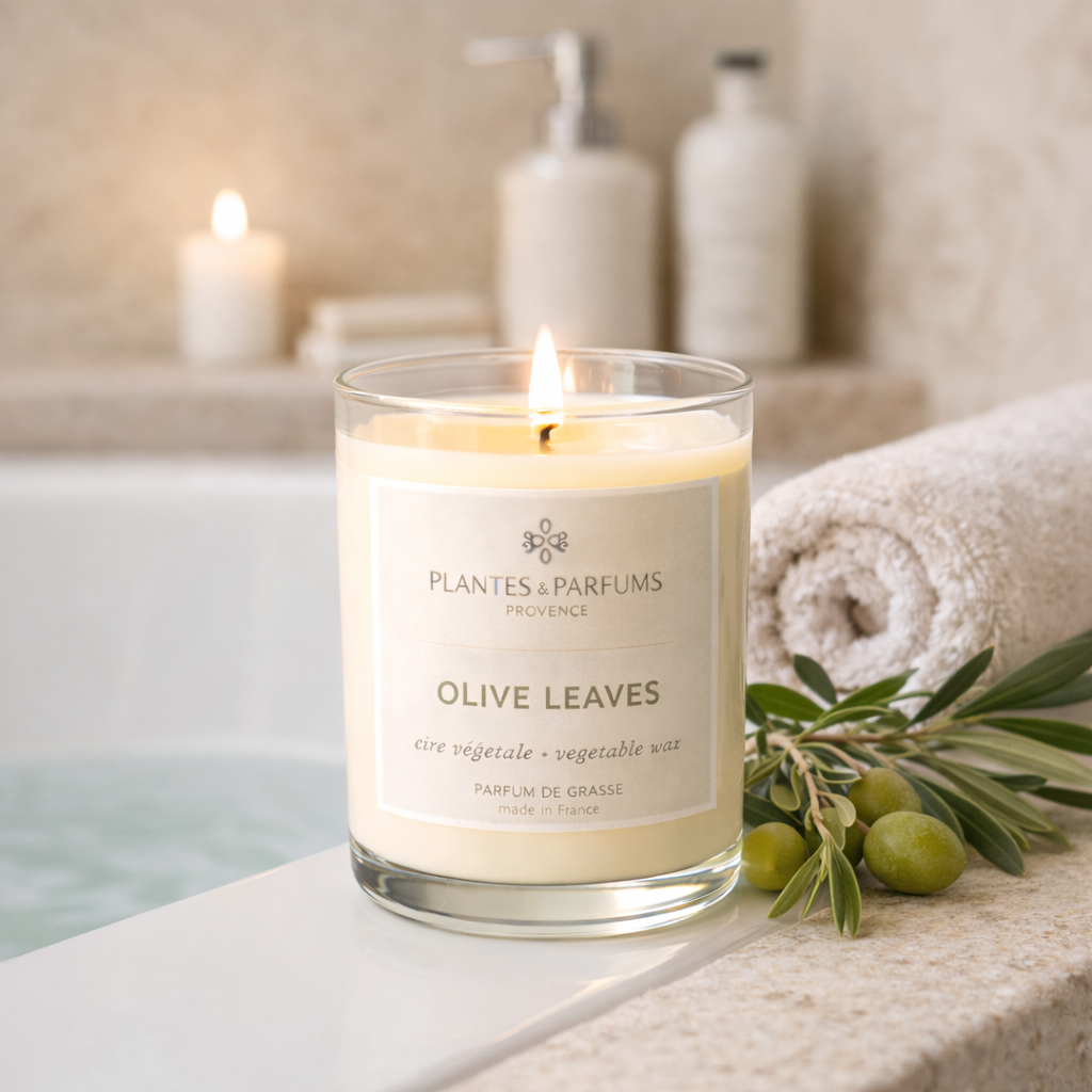Olive Leaves geurkaars 180 g van Plantes & Parfums in interieur
