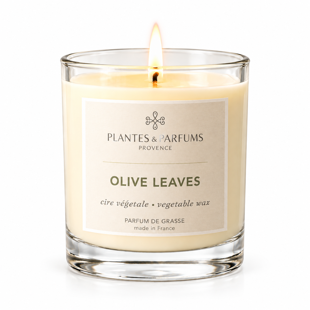 Olive Leaves geurkaars 180 g van Plantes & Parfums op witte achtergrond