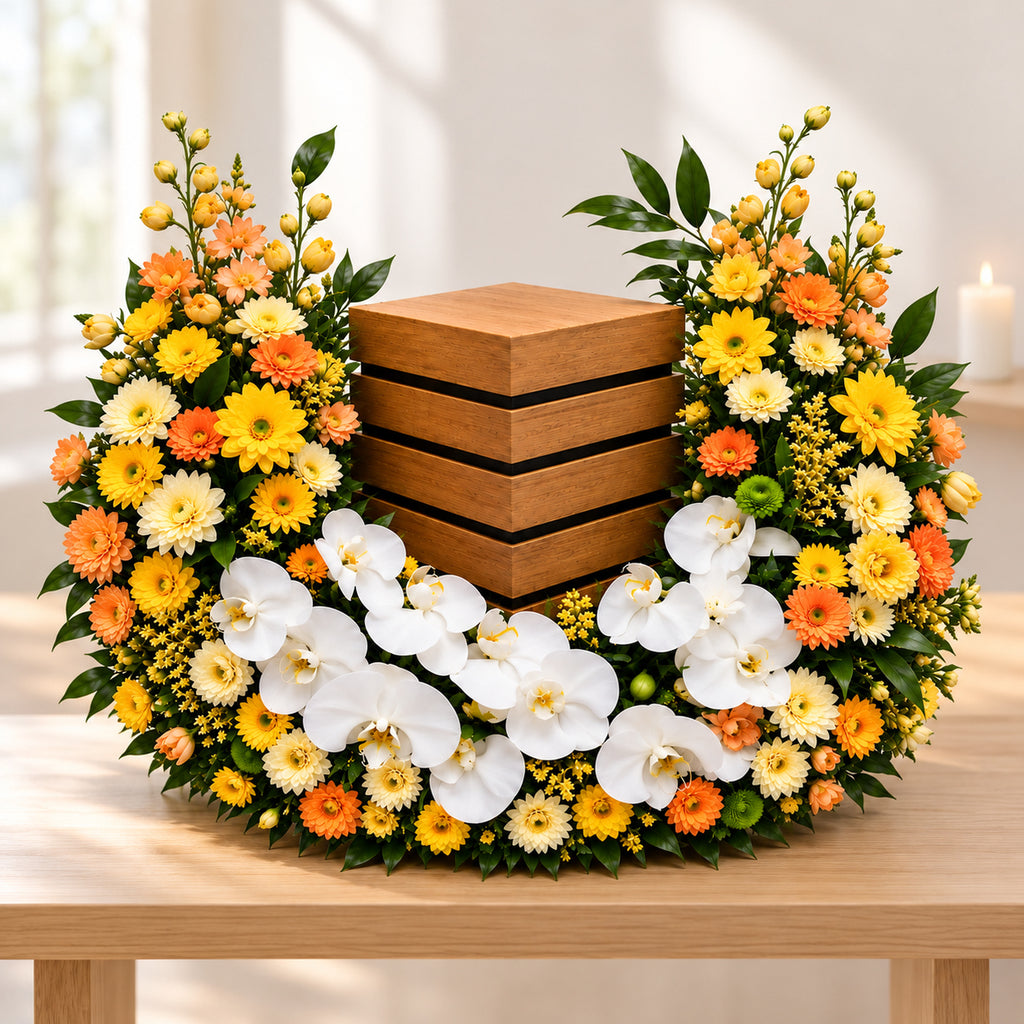 Omringd door Liefde — geel-oranje — visualisatie op afscheidstafel