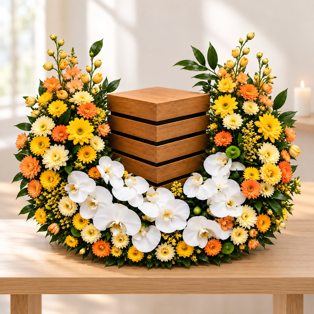 Omringd door Liefde — geel-oranje — visualisatie op afscheidstafel