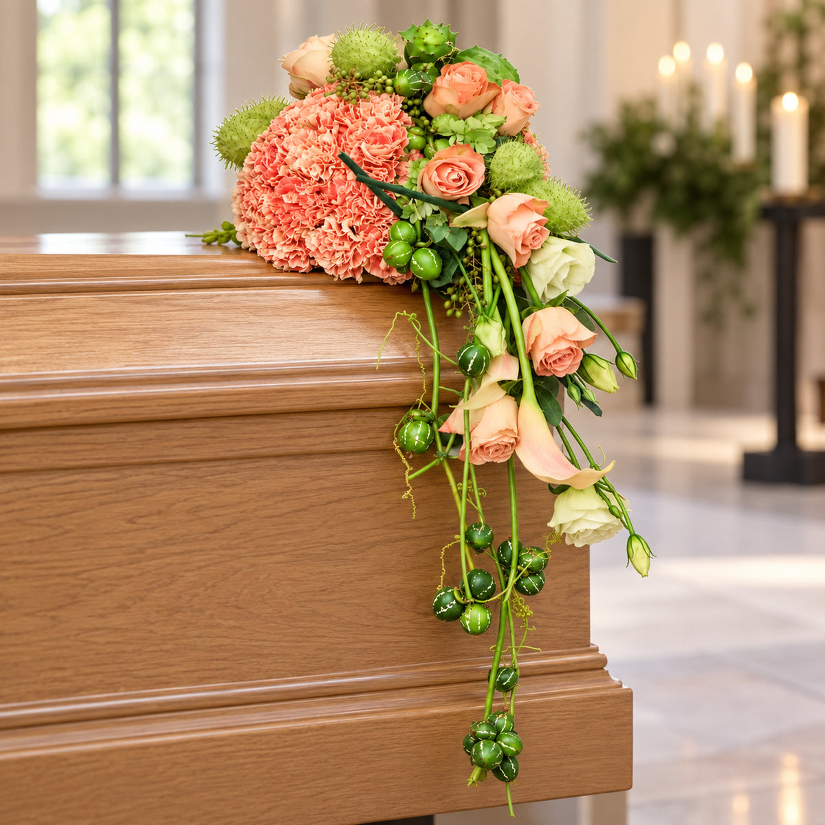 Warme Koestering — rouwbloemstuk — visualisatie op gesloten kist