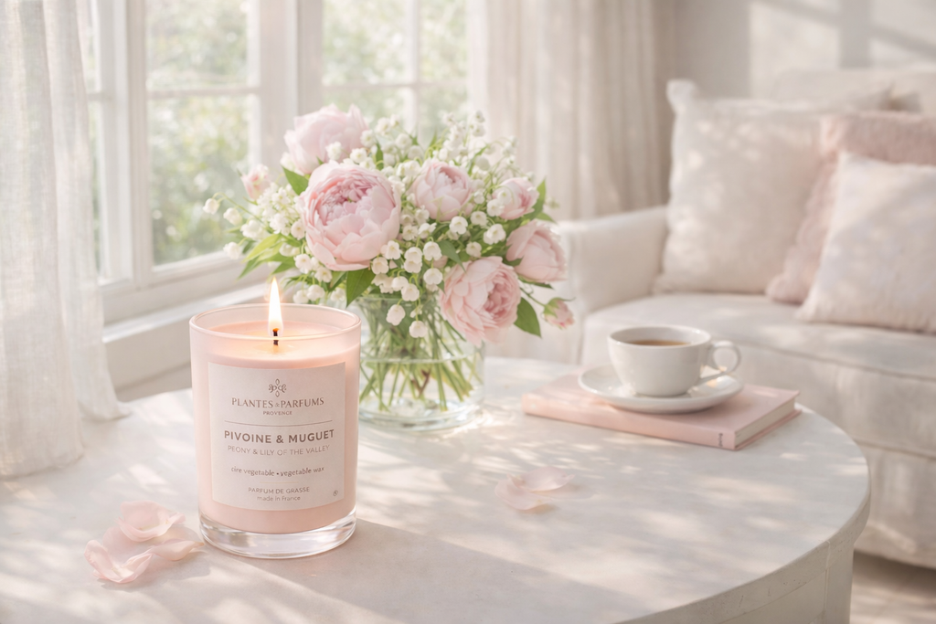 Pivoine & Muguet geurkaars 180 g van Plantes & Parfums in interieur