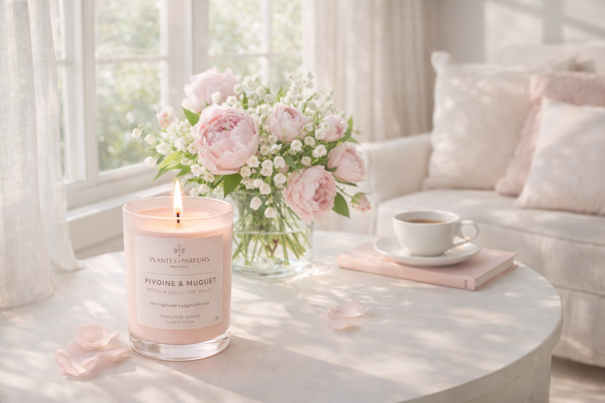 Pivoine & Muguet geurkaars 180 g van Plantes & Parfums in interieur