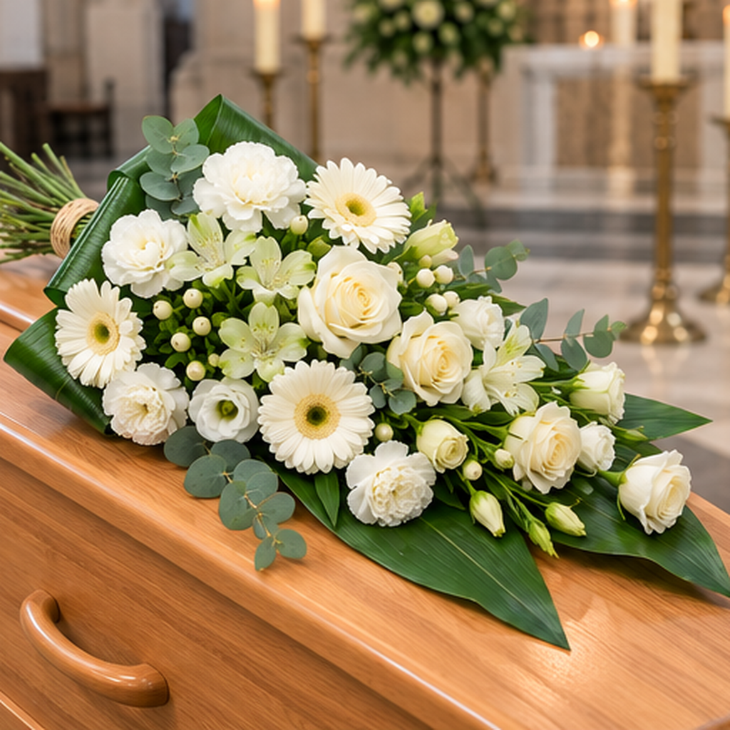 Rouwboeket Wit – op kist in kerk