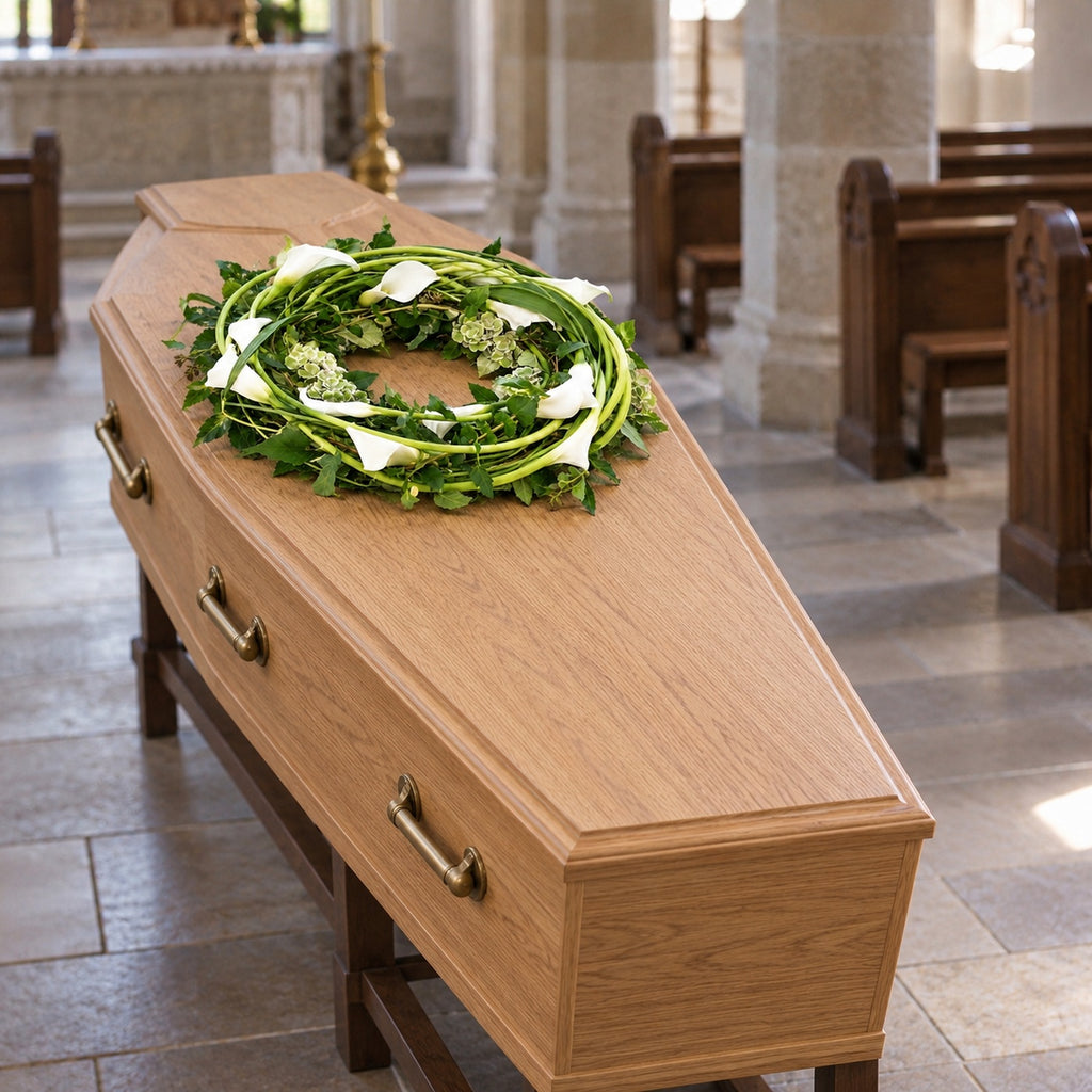 Visualisatie van Rouwkrans Witte Sereniteit op een gesloten kist in een kerk