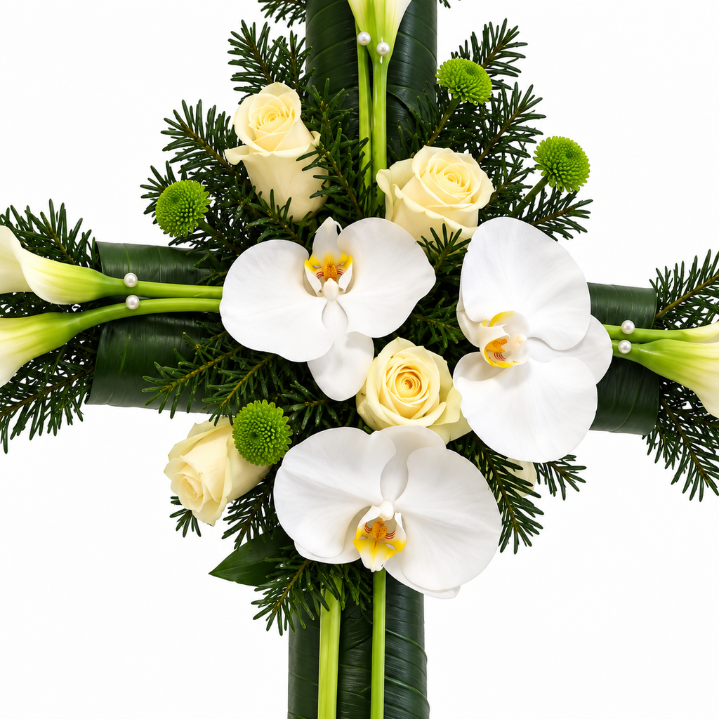 Detail van witte orchideeën en crèmekleurige rozen in het rouwkruis