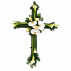 Rouwkruis met witte bloemen zonder voet op witte achtergrond